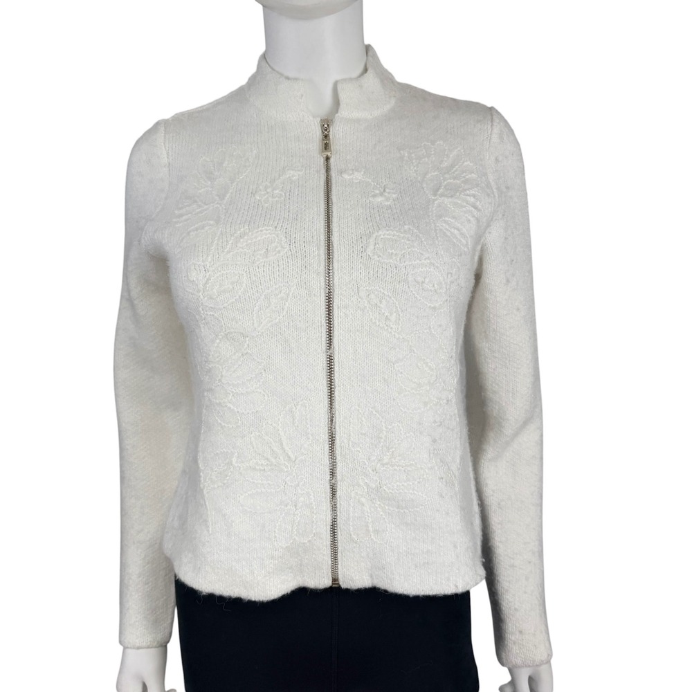 Tahari White Floral Knit Zip Jacket Fuzzy Textured Cropped Cardigan Sweater XS